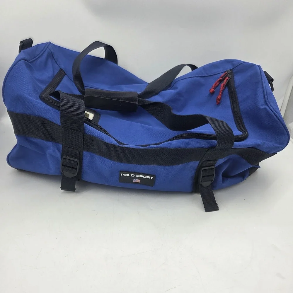 Vintage 90s Polo Sport Ralph Lauren Duffle Bag Blue Black RL Flag Gym Travel